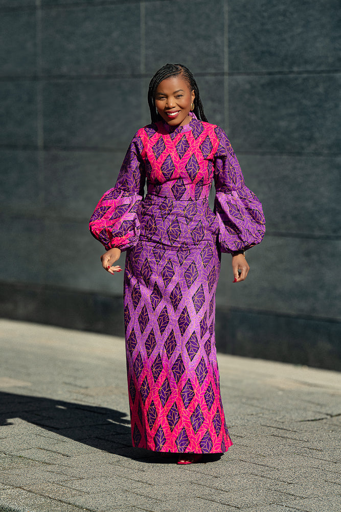 Leona purple African print Midaxi dress- front view, worn by model