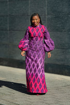 Leona purple African print Midaxi dress- front view, worn by model