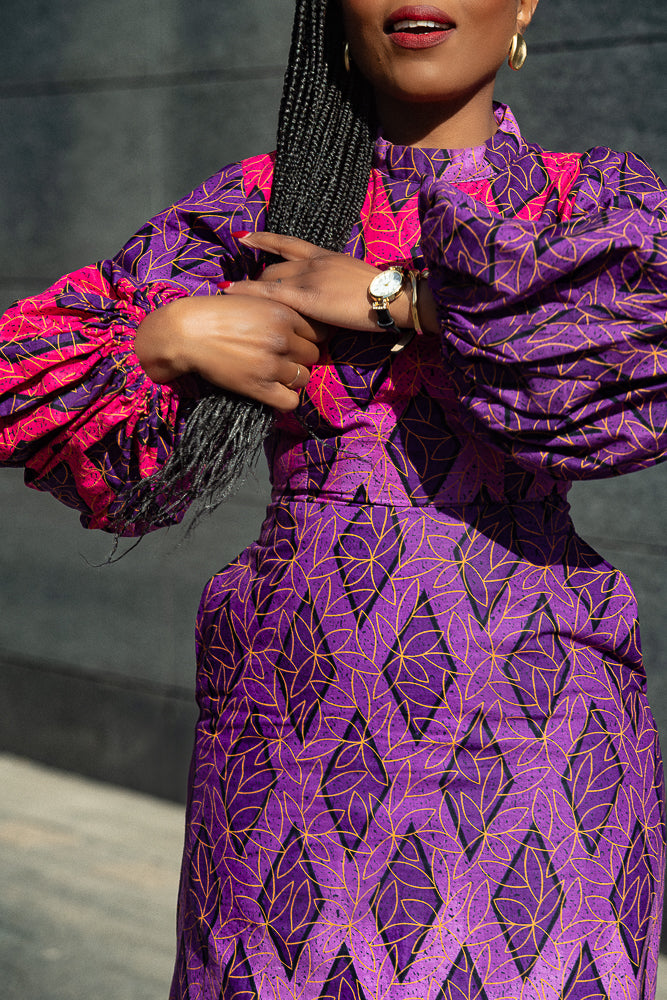Close-up of hand-woven Ankara cotton fabric used in Leona purple Dress by Heritage Clothings