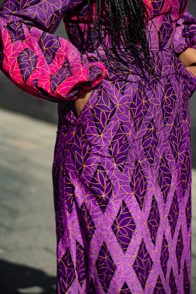 Close-up of African Ankara cotton fabric used in Leona purple Dress by Heritage Clothings