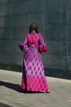 Heritage Clothings Leona Purple Dress – back view,  Ankara print