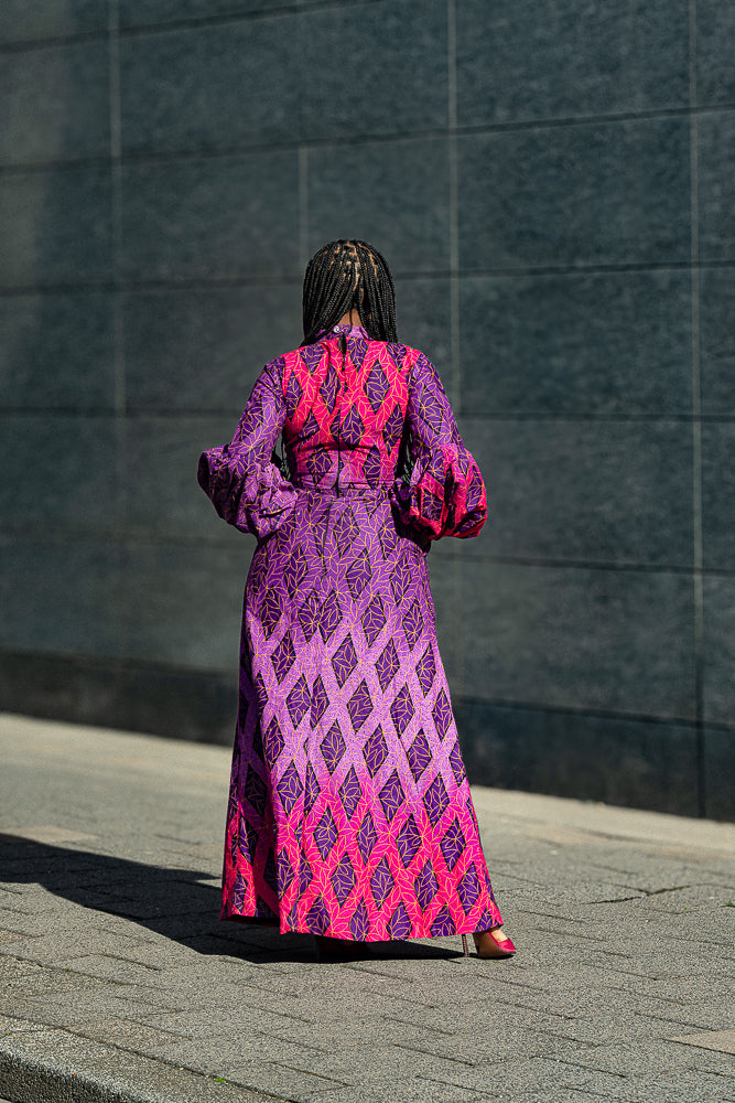 Heritage Clothings Leona Purple Dress – back view,  Ankara print