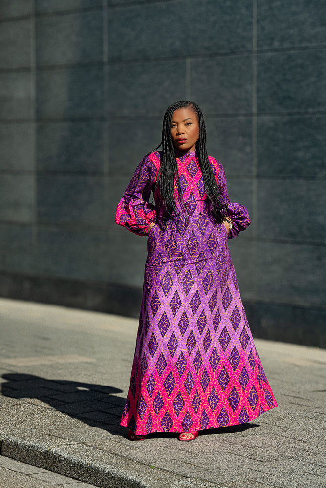 Leona purple African print Midaxi dress- front view, worn by model