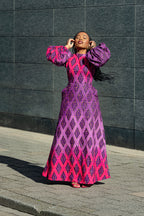 Leona purple African print Midaxi dress- front view, worn by model