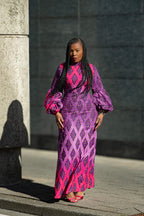 Leona purple African print Midaxi dress- front view, worn by model