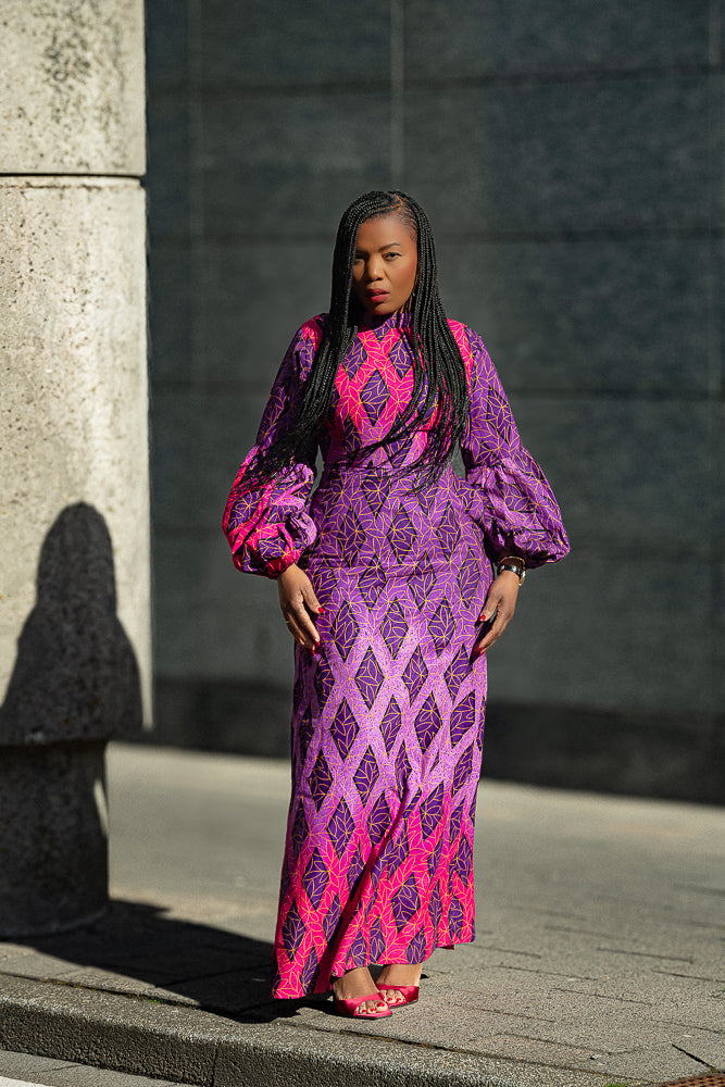 Leona purple African print Midaxi dress- front view, worn by model