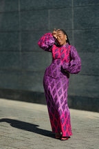 Leona purple African print Midaxi dress- front view, worn by model