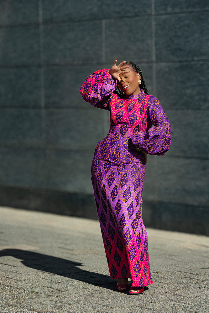 Leona purple African print Midaxi dress- front view, worn by model