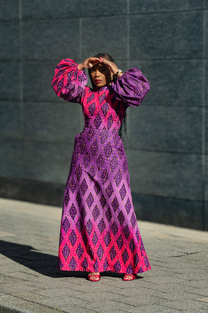 Leona purple African print Midaxi dress- front view, worn by model
