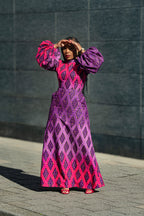 Leona purple African print Midaxi dress- front view, worn by model