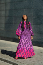 Leona purple African print Midaxi dress- front view, worn by model