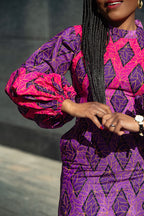 Close-up of hand-woven Ankara cotton fabric used in Leona purple Dress by Heritage Clothings