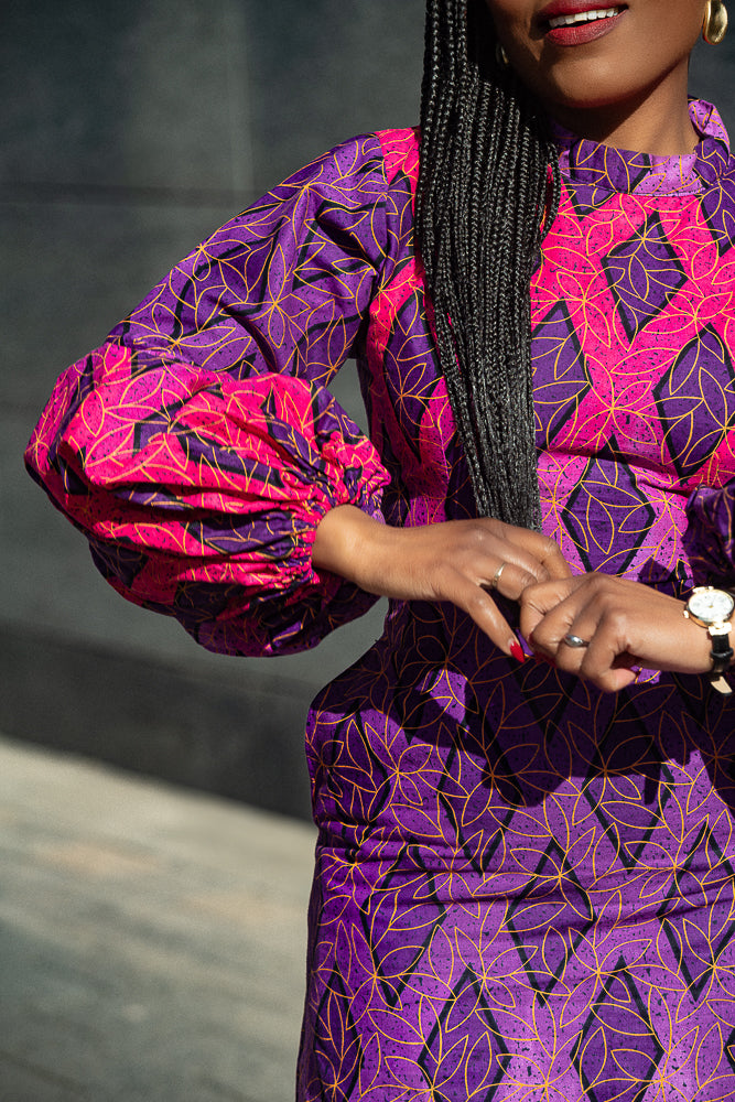 Close-up of hand-woven Ankara cotton fabric used in Leona purple Dress by Heritage Clothings