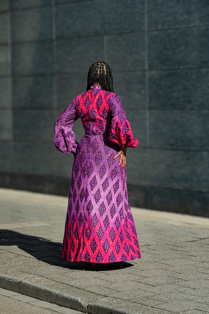 Leona purple African print Midaxi dress- Back view, worn by model