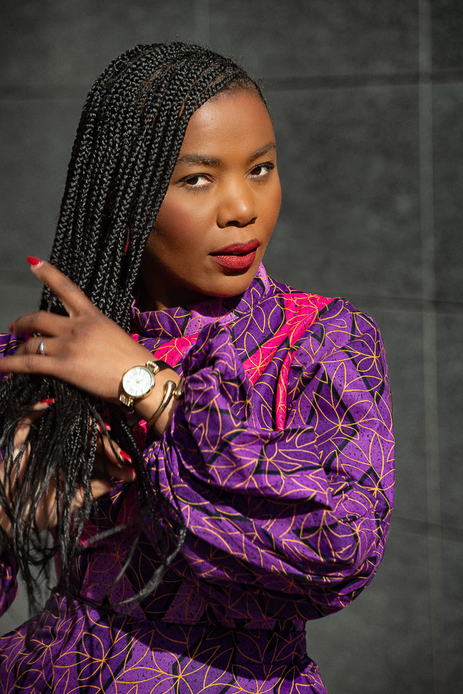 Close-up of hand-woven Ankara cotton fabric used in Leona purple Dress by Heritage Clothings