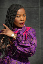 Close-up of hand-woven Ankara cotton fabric used in Leona purple Dress by Heritage Clothings