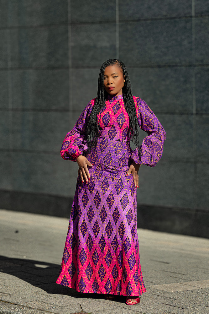 Leona purple African print Midaxi dress- front view, worn by model