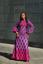 Leona purple African print Midaxi dress- front view, worn by model