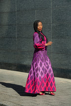 Leona purple African print Midaxi dress- side view, worn by model