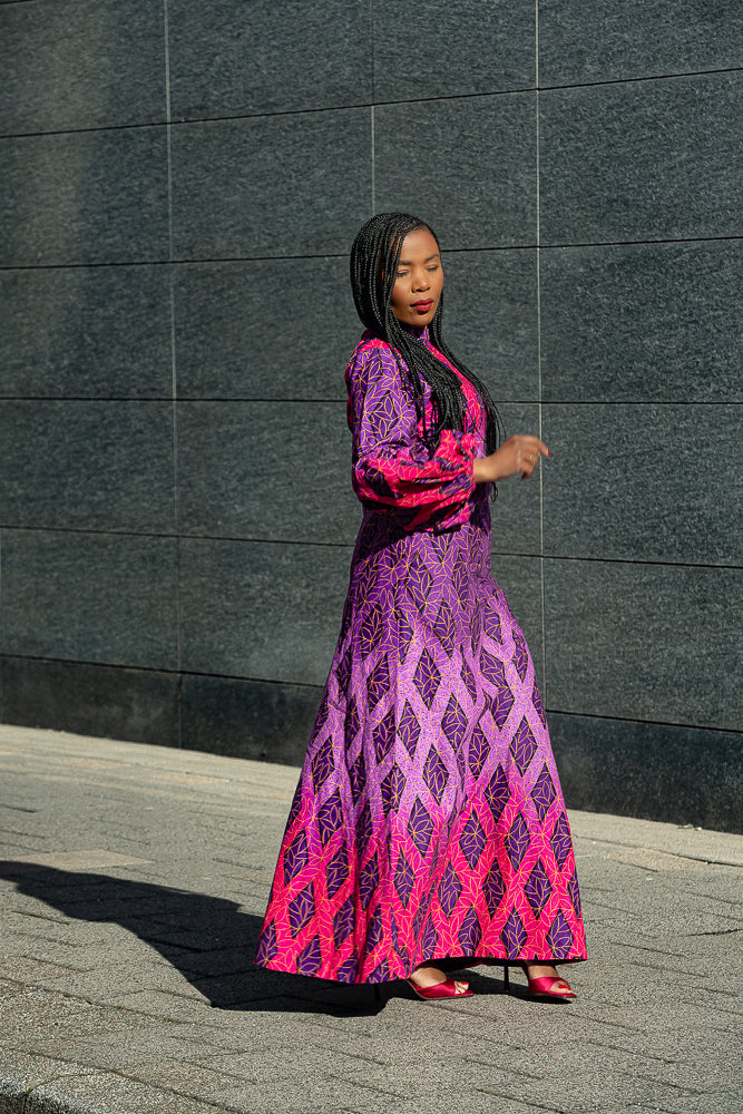 Leona purple African print Midaxi dress- side view, worn by model