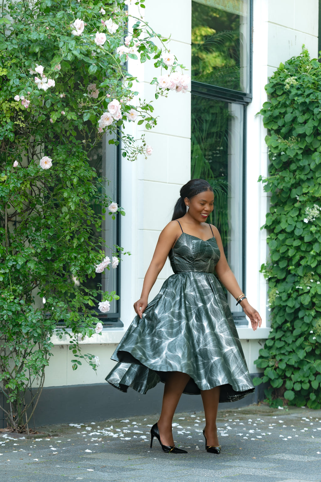 Green and Silver African Print Cotton Midi Strap Dress by Heritage Clothings.