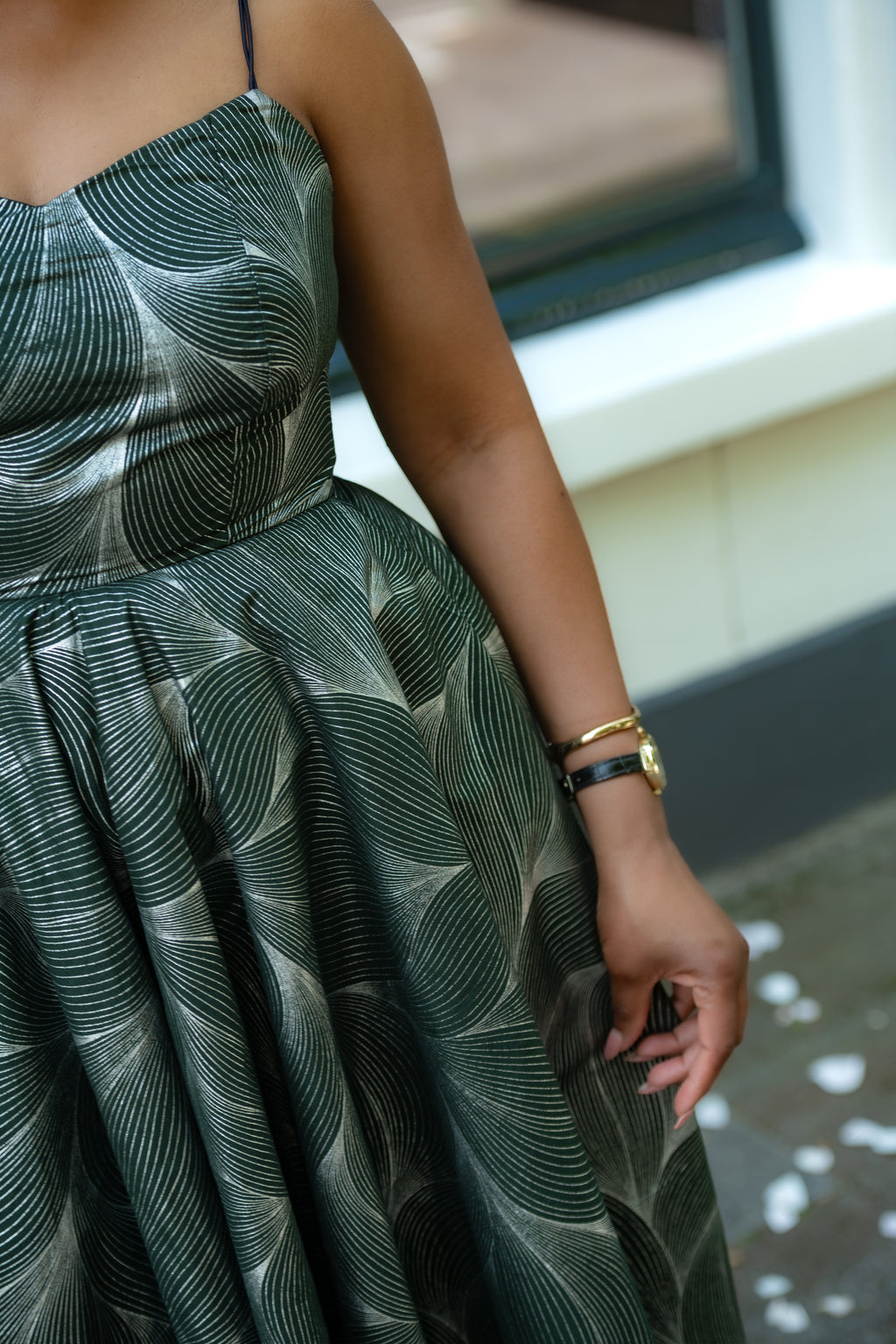 Green and Silver African Print, Ankara Midi Strap Dress.