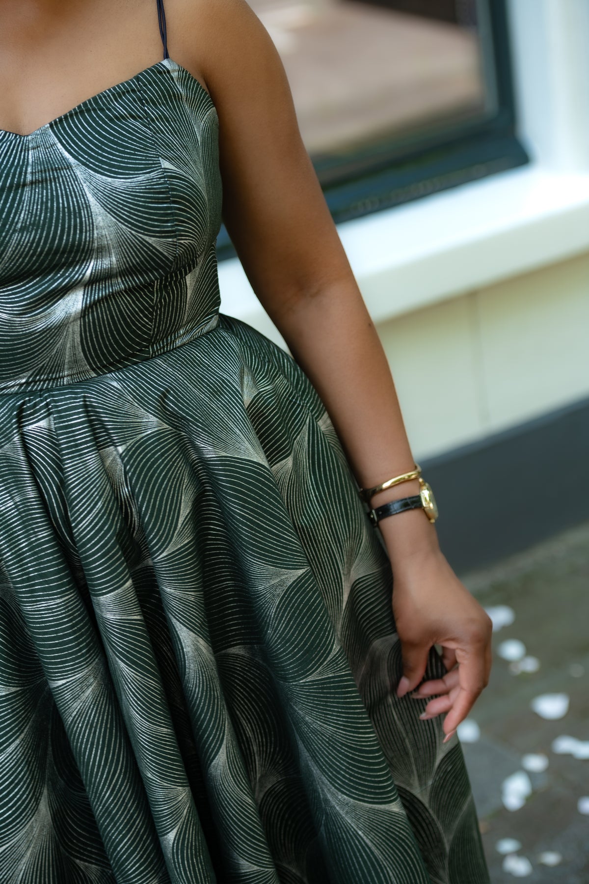 Green and Silver African Print, Ankara Midi Strap Dress.
