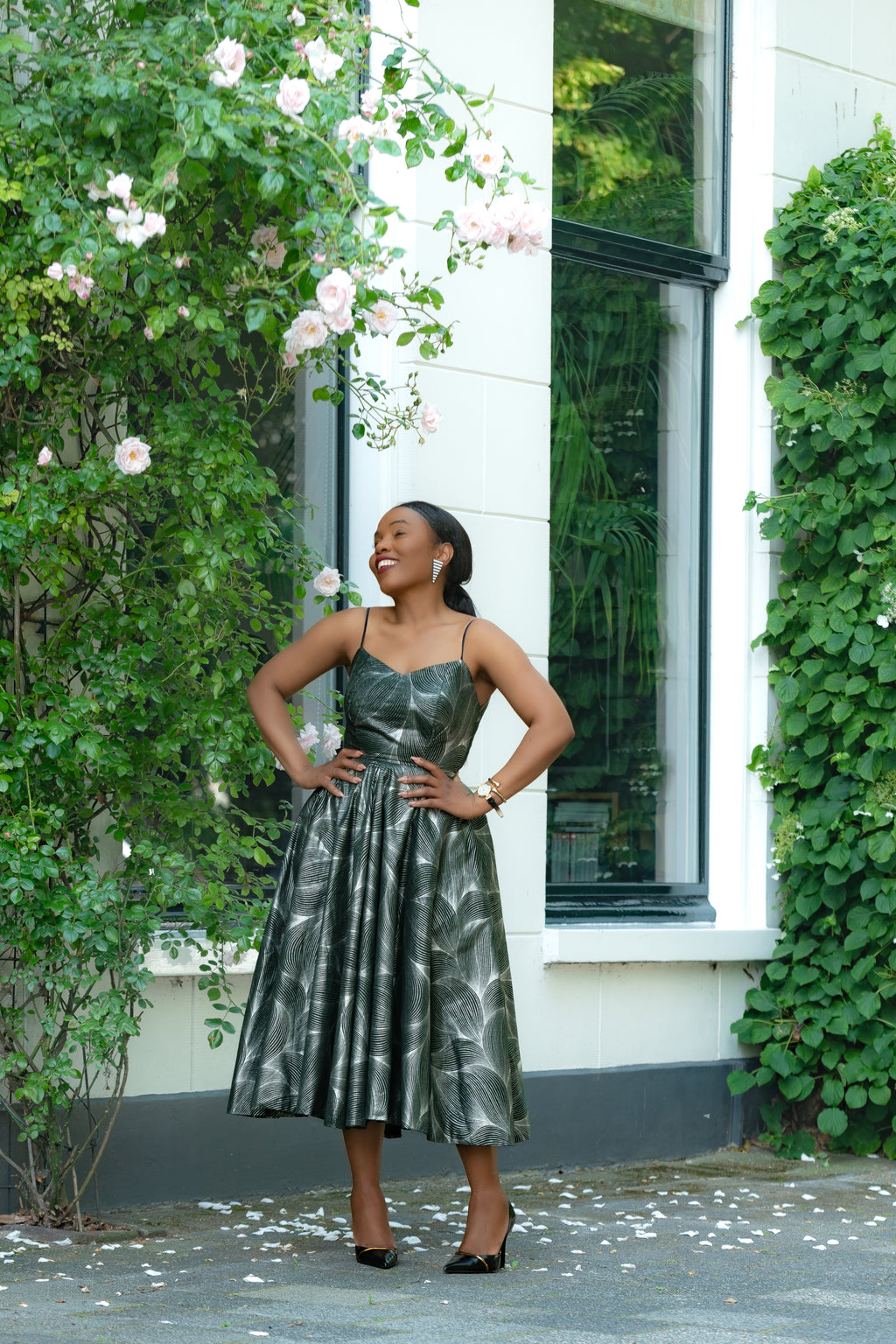 Green and Silver African Print, Ankara Midi Strap Dress.