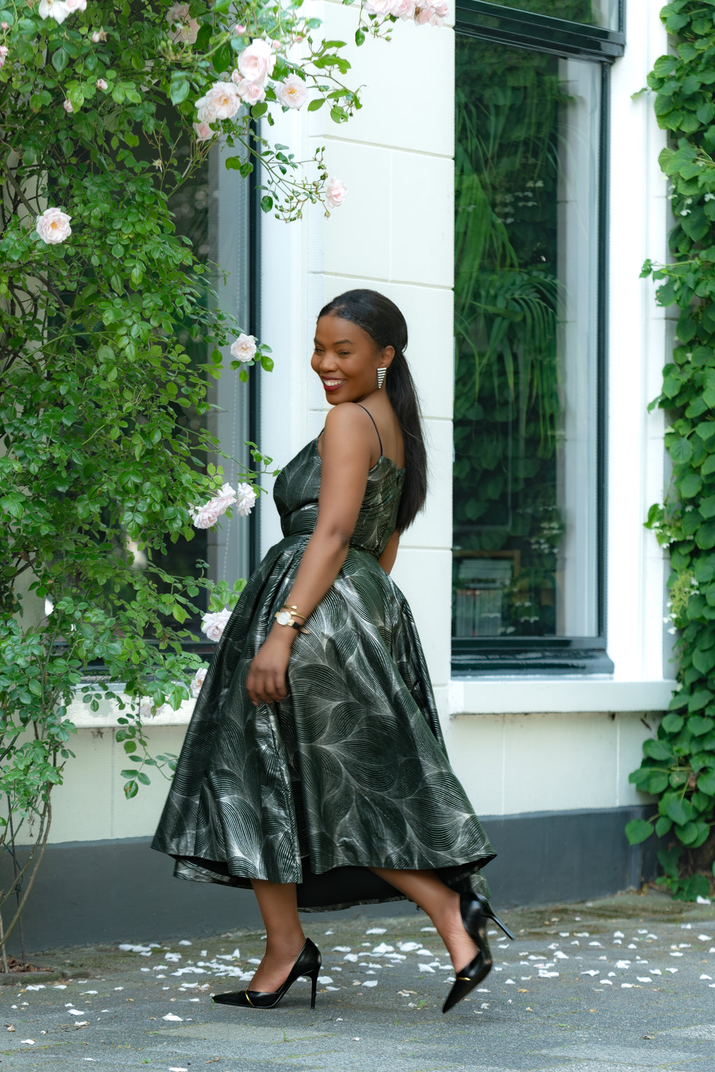 Side Detail of Green and Silver African Print, Ankara Midi Strap Dress.