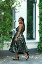 Side Detail of Green and Silver African Print, Ankara Midi Strap Dress.
