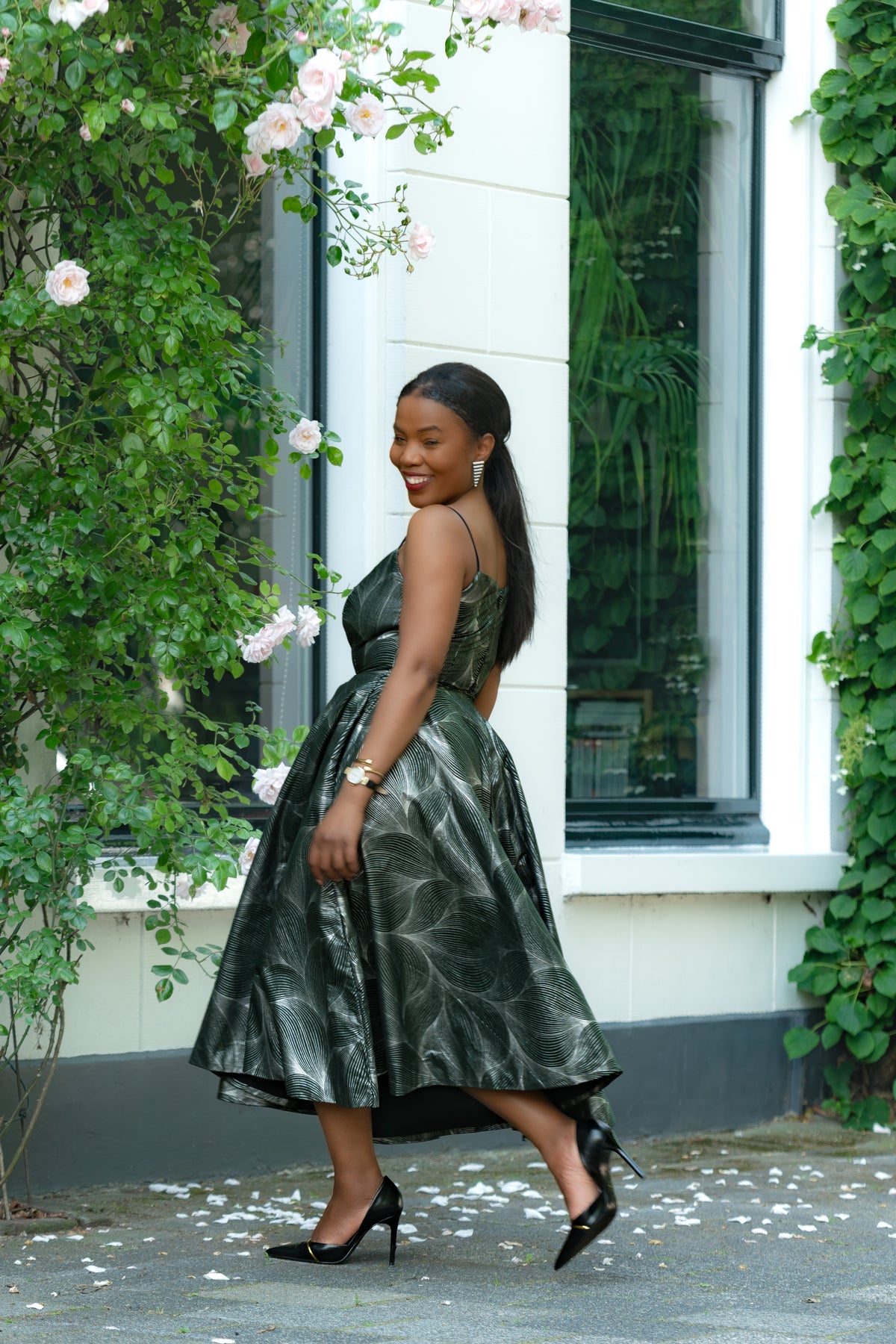 Side Detail of Green and Silver African Print, Ankara Midi Strap Dress.