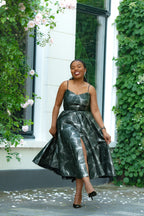 Green and Silver African Print, Ankara Midi Strap Dress with Front Slit.