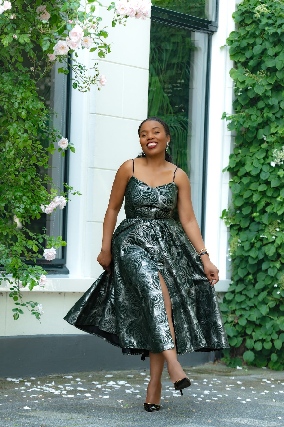 Green and Silver African Print, Ankara Midi Strap Dress with Front Slit.