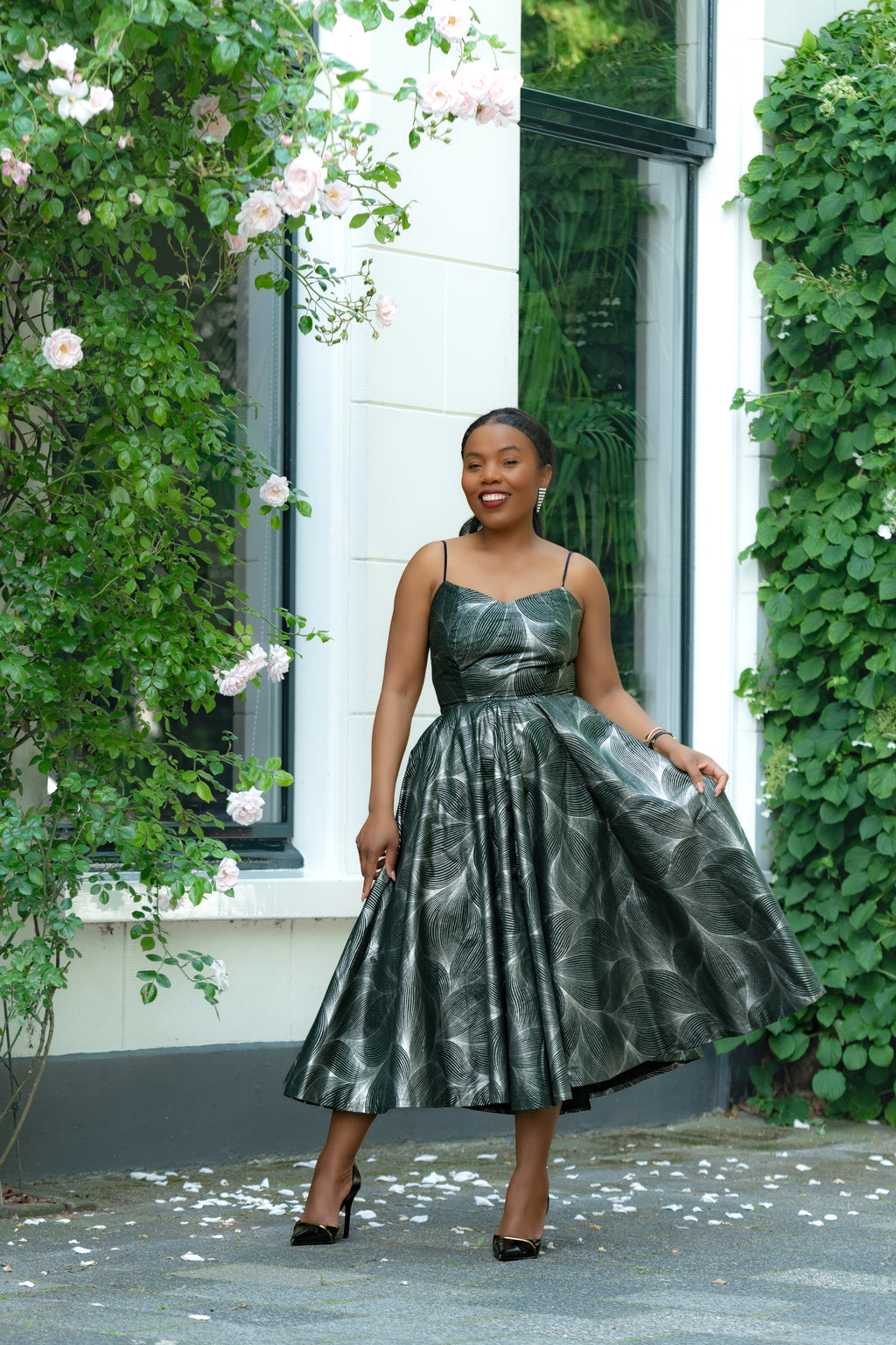 Green and Silver African Print, Ankara Midi Strap Dress.