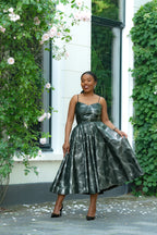 Green and Silver African Print, Ankara Midi Strap Dress.