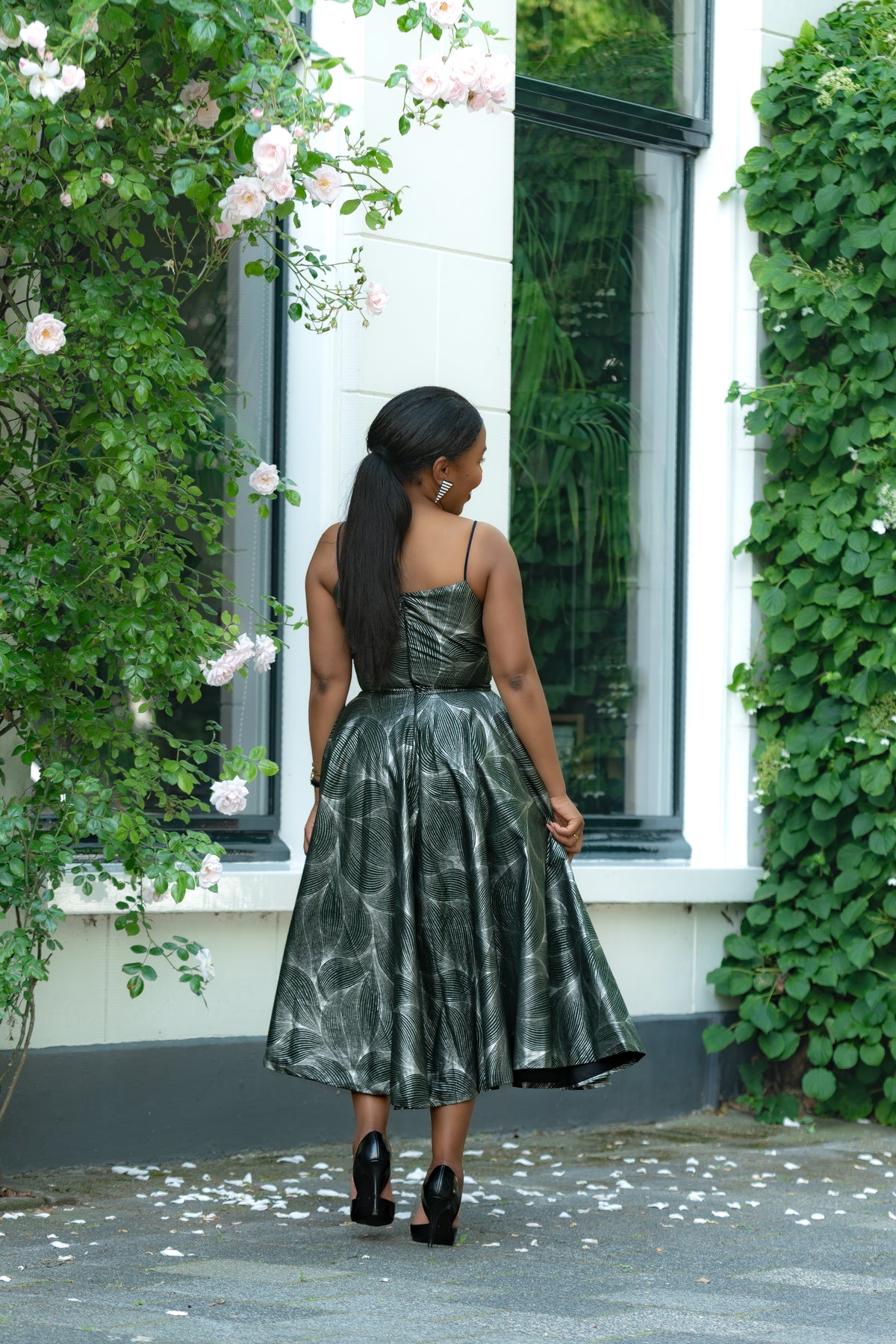 Back view detail of Green and Silver African Print, Ankara Midi Strap Dress.