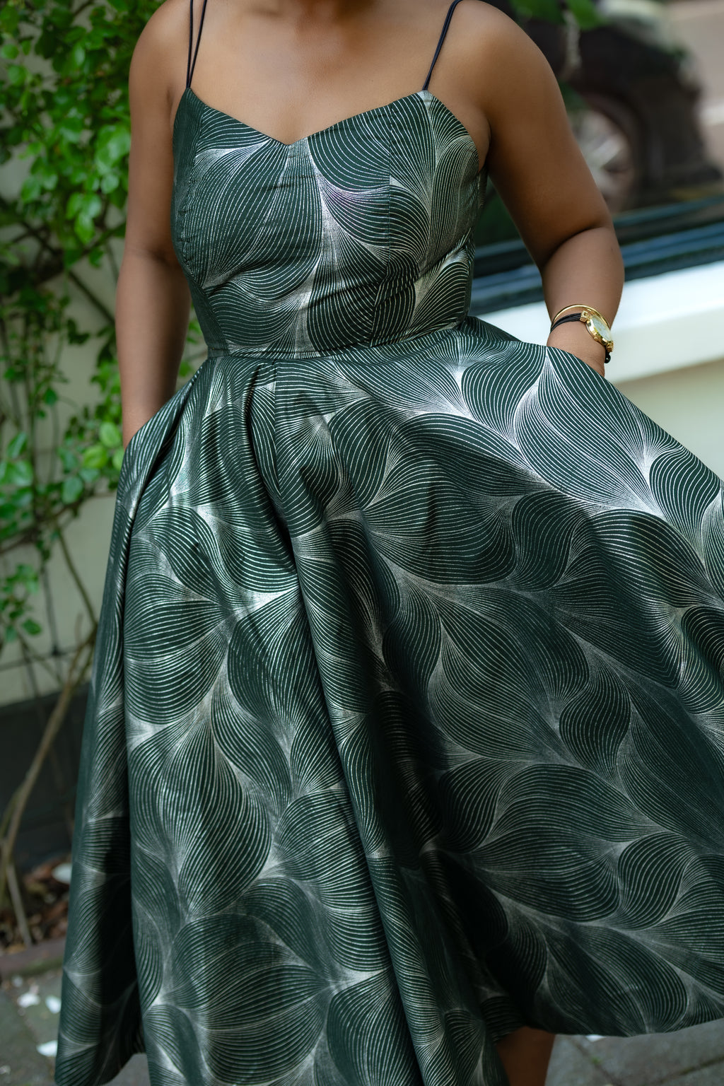 Close up view of Green and Silver African Print, Ankara Midi Strap Dress.
