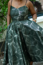 Close up view of Green and Silver African Print, Ankara Midi Strap Dress.