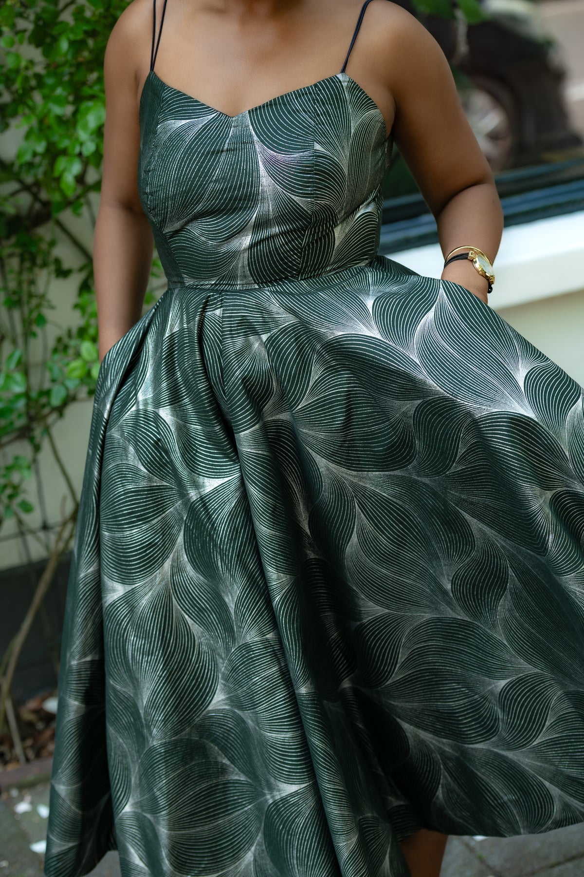 Close up view of Green and Silver African Print, Ankara Midi Strap Dress.