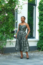 Front View detail of Green and Silver African Print Cotton Midi Strap Dress by Heritage Clothings.