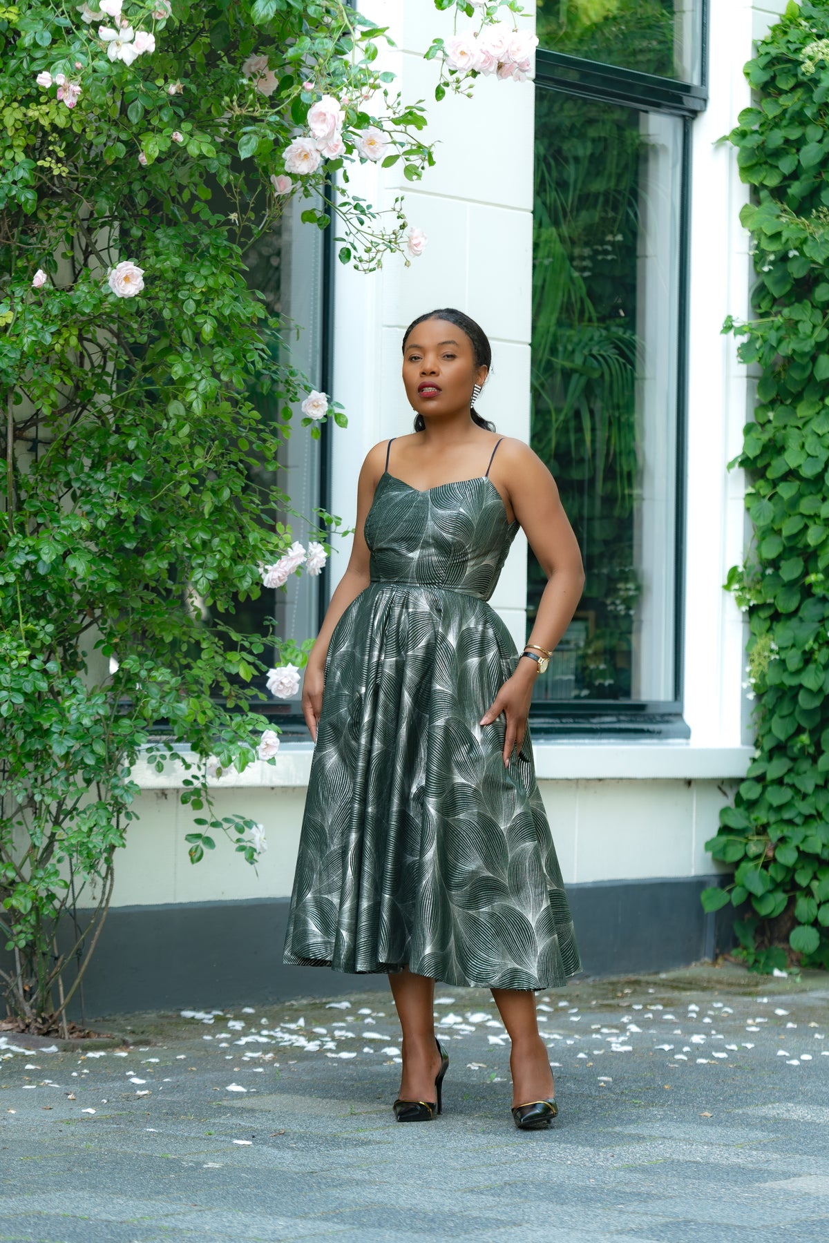 Front View detail of Green and Silver African Print Cotton Midi Strap Dress by Heritage Clothings.