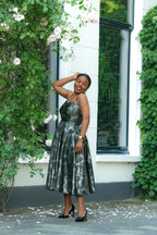 Side view of Green and Silver African Print, Ankara Midi Strap Dress.