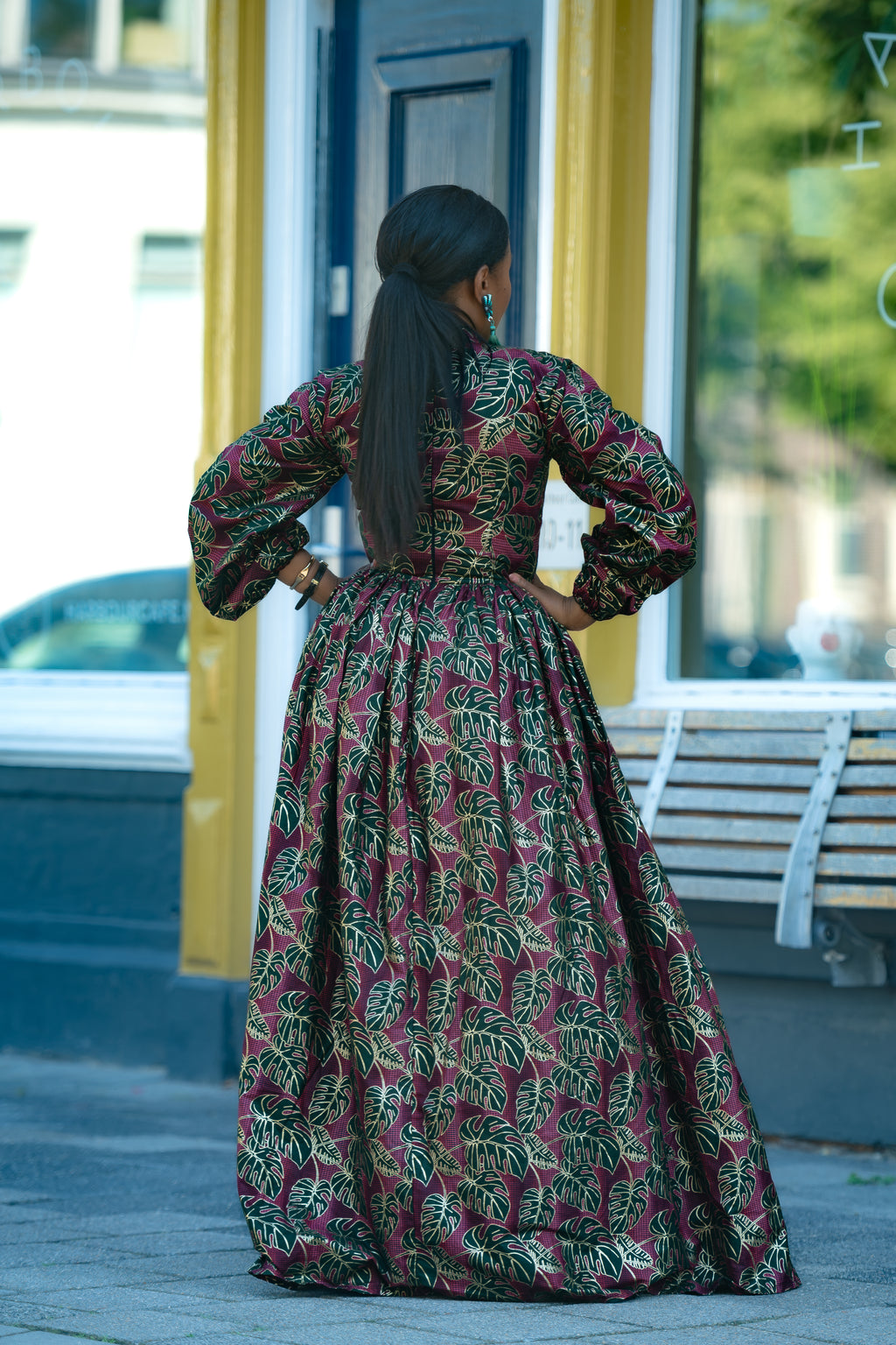 Malkia Burgundy and Green African Print  Maxi Dress