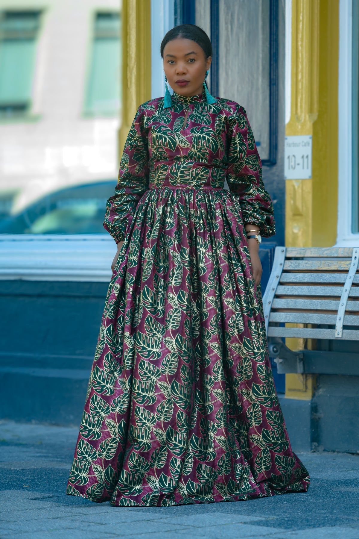 Malkia Burgundy and Green African Print  Maxi Dress