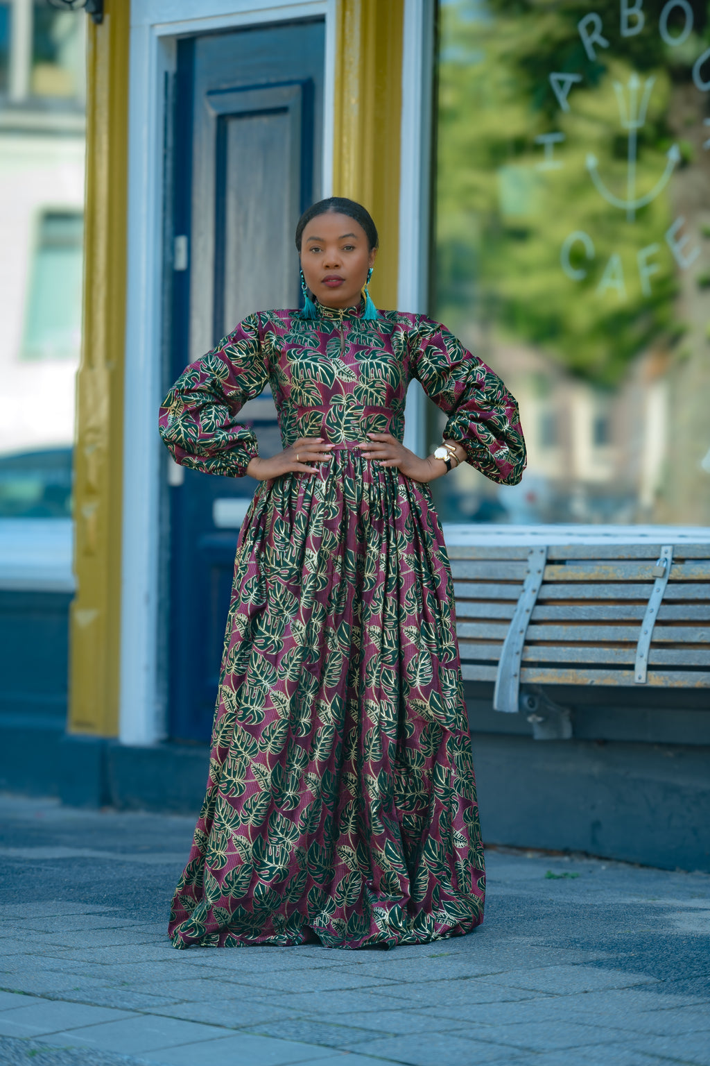 Malkia Burgundy and Green African Print  Maxi Dress