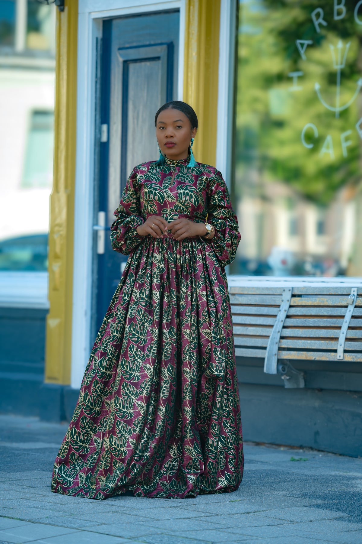 Malkia Burgundy and Green African Print  Maxi Dress