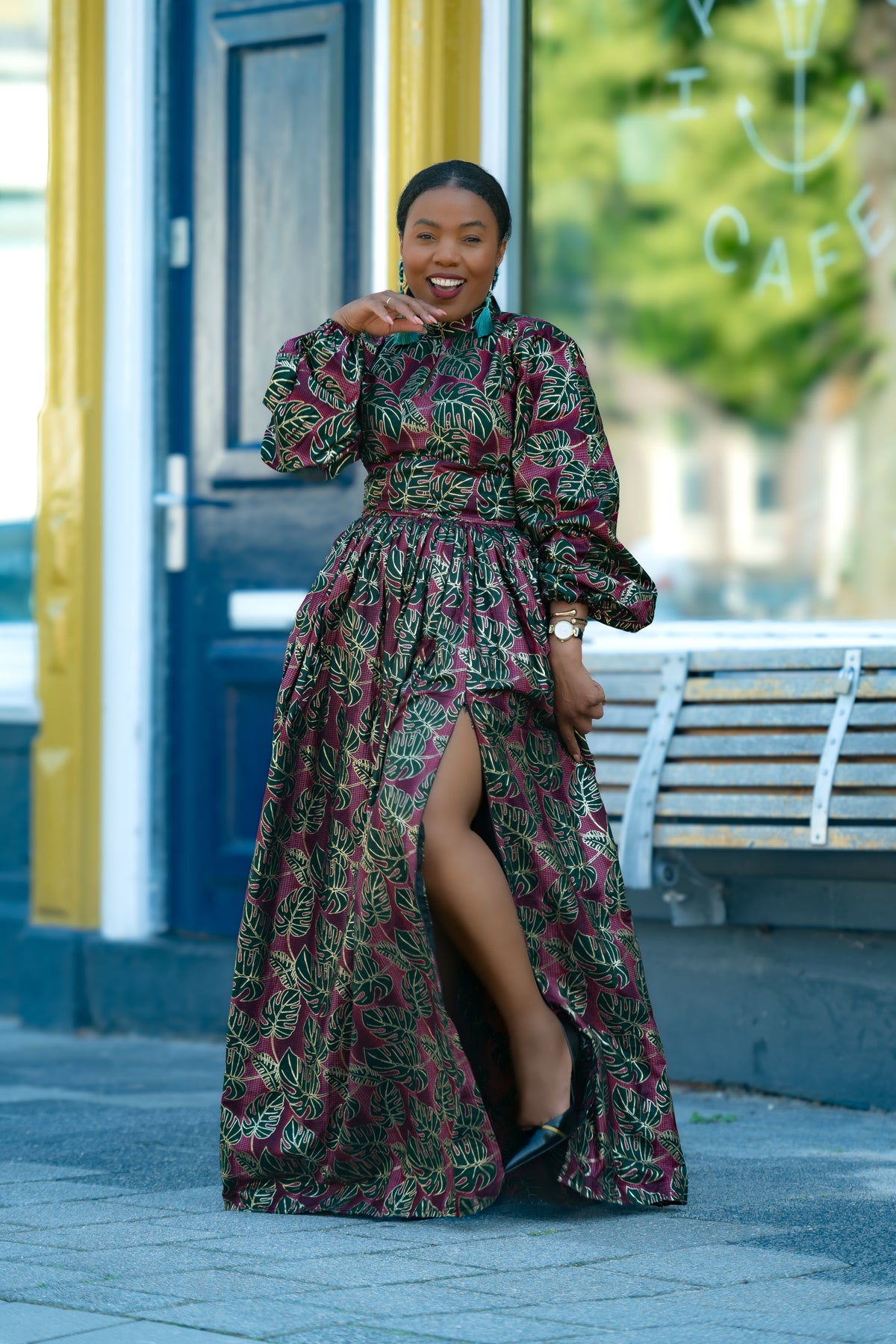 Malkia Burgundy and Green African Print  Maxi Dress