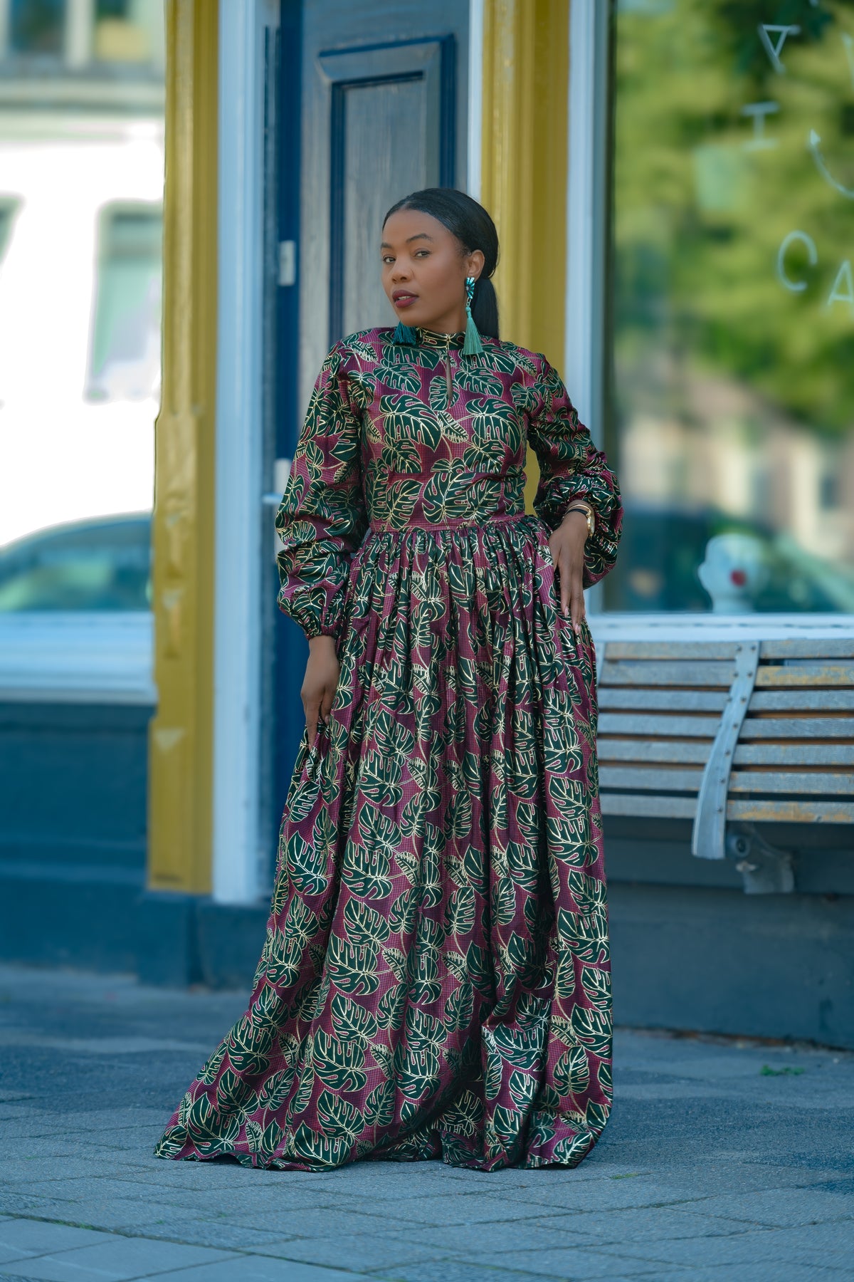 Malkia Burgundy and Green African Print  Maxi Dress