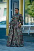 Malkia Burgundy and Green African Print  Maxi Dress
