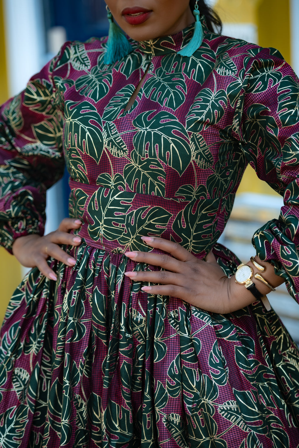 Malkia Burgundy and Green African Print  Maxi Dress